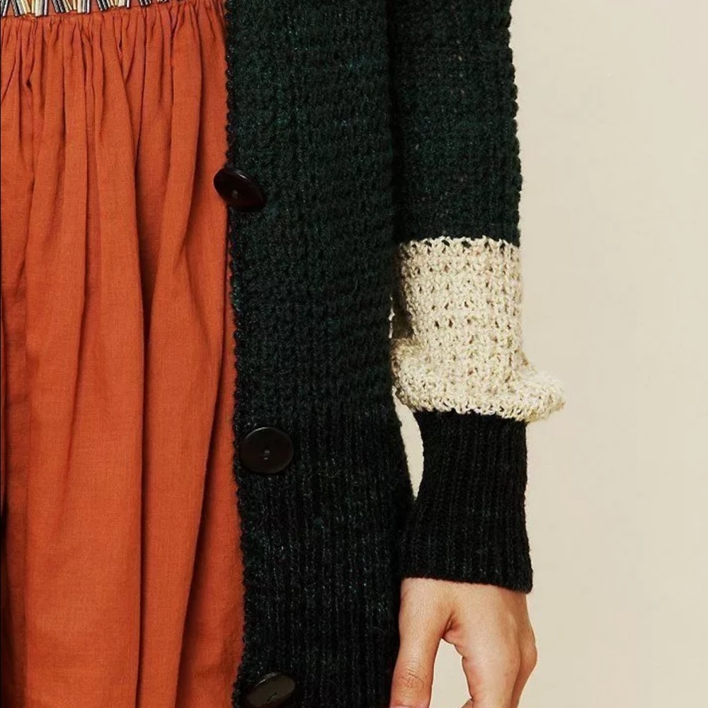 Free People rugby black green tan colorblock V-neck button up cardigan sweater - Picture 4 of 10